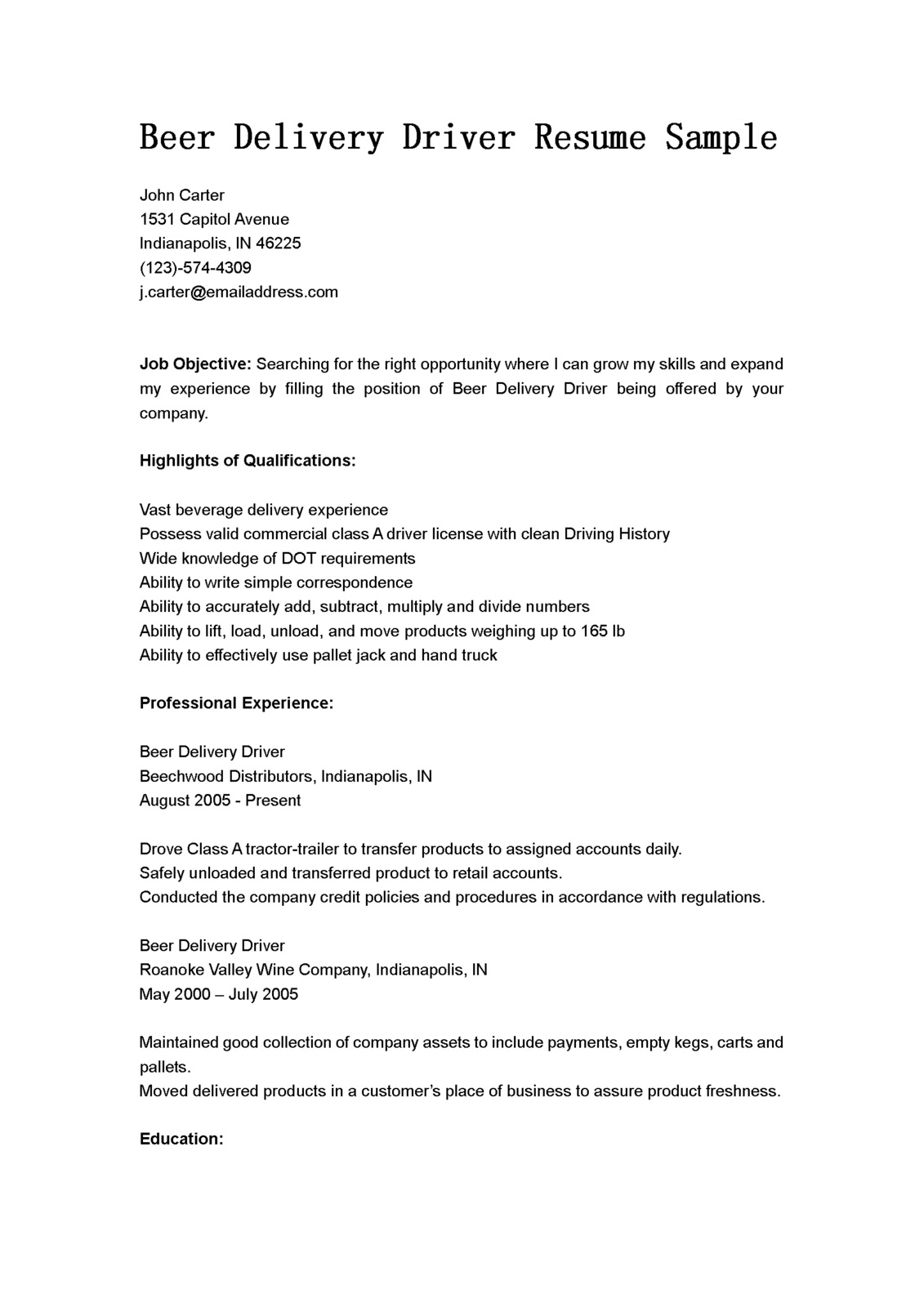 Sample resume for bus driver